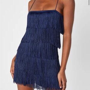 NWT Lulu’s Grooving All Night Navy Blue Sleeveless Fringe Romper